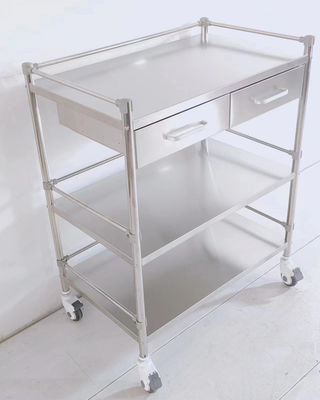 3-Tier Stainless Steel Medical Cart with 2 Drawers Clinical Storage Trolley