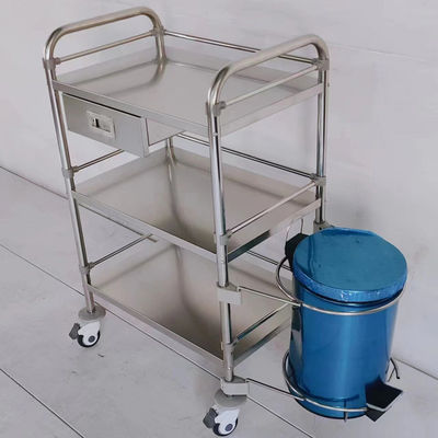 3-Level Stainless Steel Lab Cart with Storage Drawer & Foot-Operated Trash Can