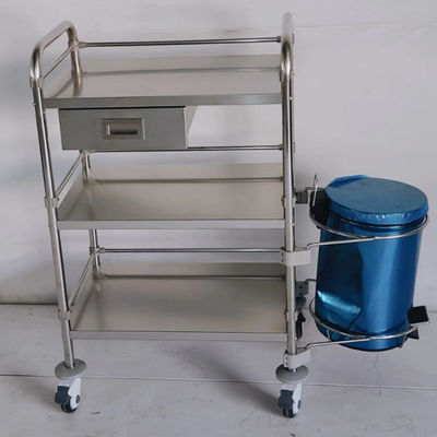 3-Level Stainless Steel Lab Cart with Storage Drawer & Foot-Operated Trash Can