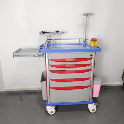 Emergency Crash Cart with 5 Drawers Defibrillator Platform IV Pole