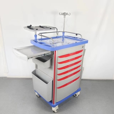 Emergency Crash Cart with 5 Drawers Defibrillator Platform IV Pole